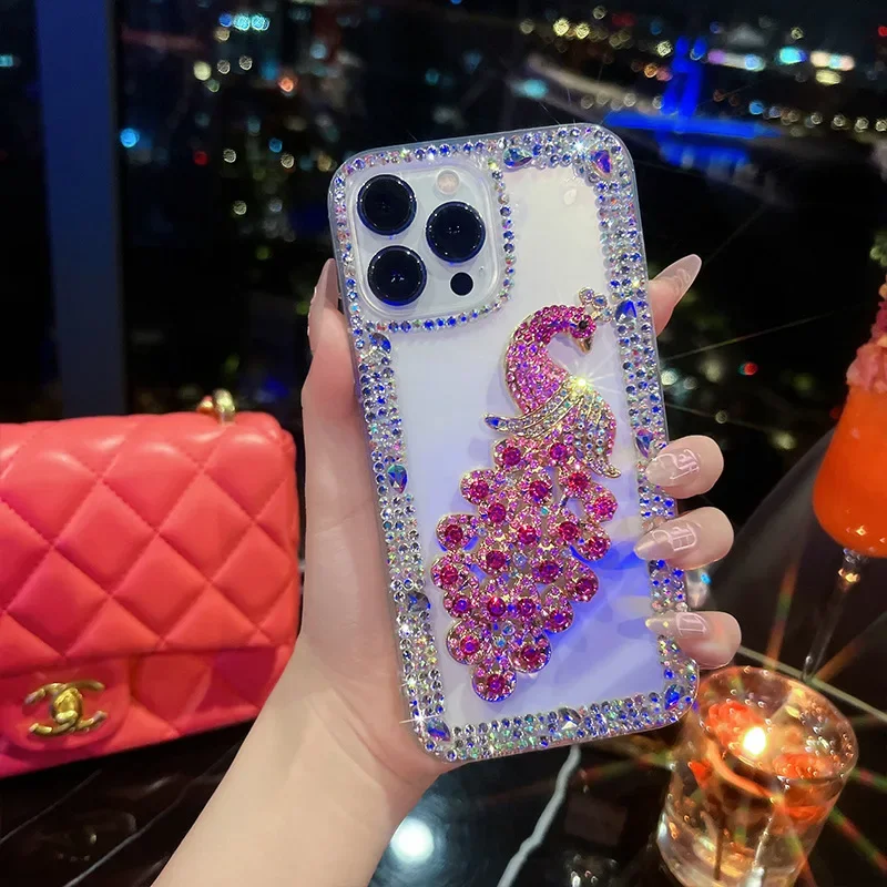 

Fashionable For iphone 16 12 13 14 15 Plus Pro Max Case with Peacock Design and Water Diamonds