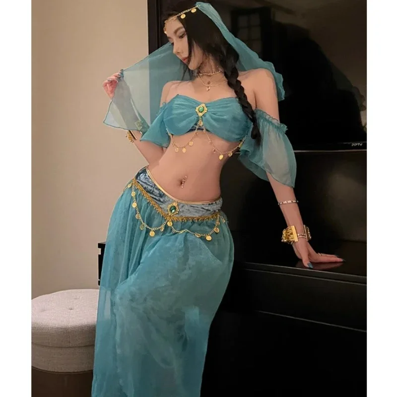 Cosplay Halloween Festival Arabische Cosplay Prinses Jasmijn Kostuum BellyDance Indiase Bollywood Sluier Top Broek Up Egyptische Koningin