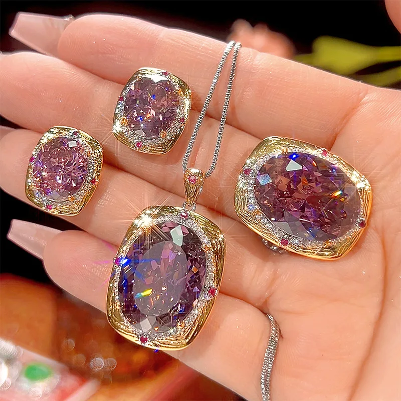 

New Shiny Premium Purple Necklace Earrings Ring 3 Piece Women's Dress Everyday Jewelry Suitable for Wedding Prom Gifts M-778