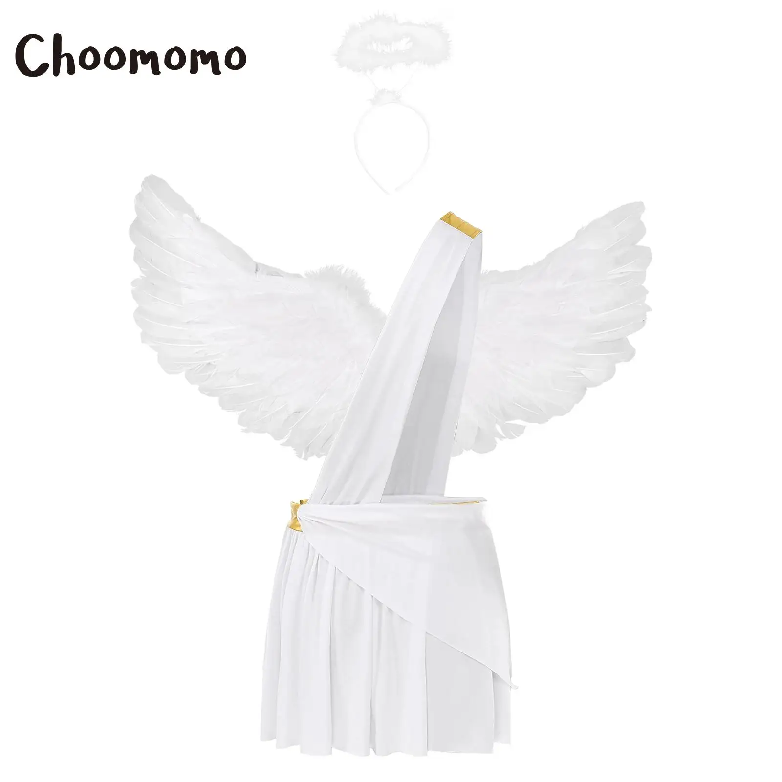 

Men Ancient Greek God Costume One Shoulder Strap Skirt with Feather Angel Wing Hair Hoop Halloween Cosplay Knight Warrior Outf