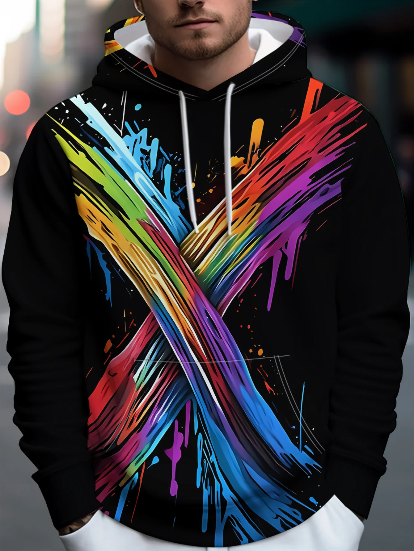 Men's Hoodie Autumn 3D Print Rainbow Cross Brush Stroke Paint Art Pullover Streetwear Casual Sweatshirt Men Clothing