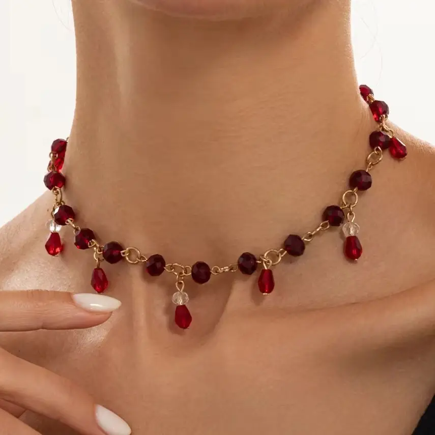 SHIXIN Vintage Exquisite Black Red Crystal Beaded Tassel Pendant Necklace Women Gothic Handmade Clavicle Chain Halloween Jewelry