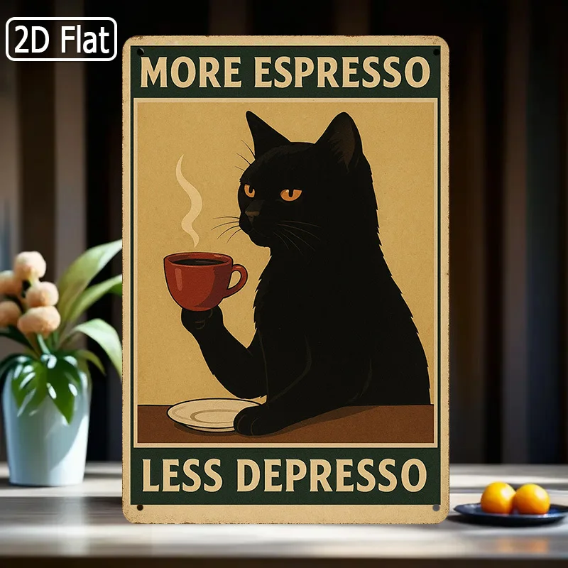 Humorous Tin Sign, More Espresso, Less Depresso, Funny Coffee Quote, Retro Cat Design, Perfect for Kitchen or Coffee Bar,