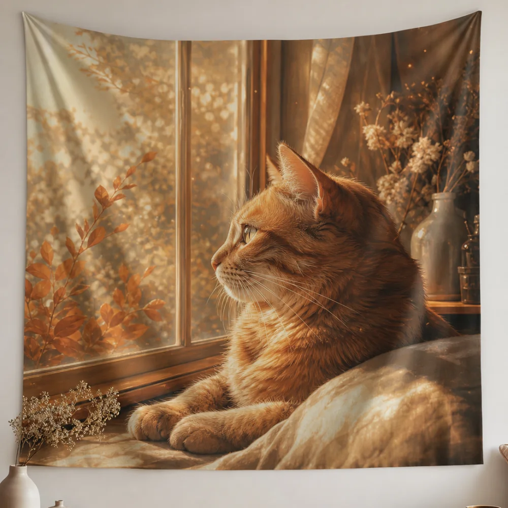 Autumn Warm Light Window Side Orange Cat 150X100CM Customizable Printed Tapestry Bedroom Soft Atmosphere Wall Background Cloth