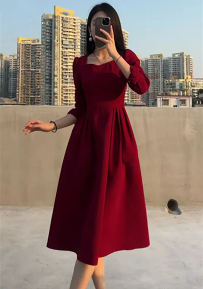 Vintage Black Midi Dresses for Women 2023 Spring Autumn Square Neck Long Sleeve Elegant Party Red Female Clothing Korean Fashion