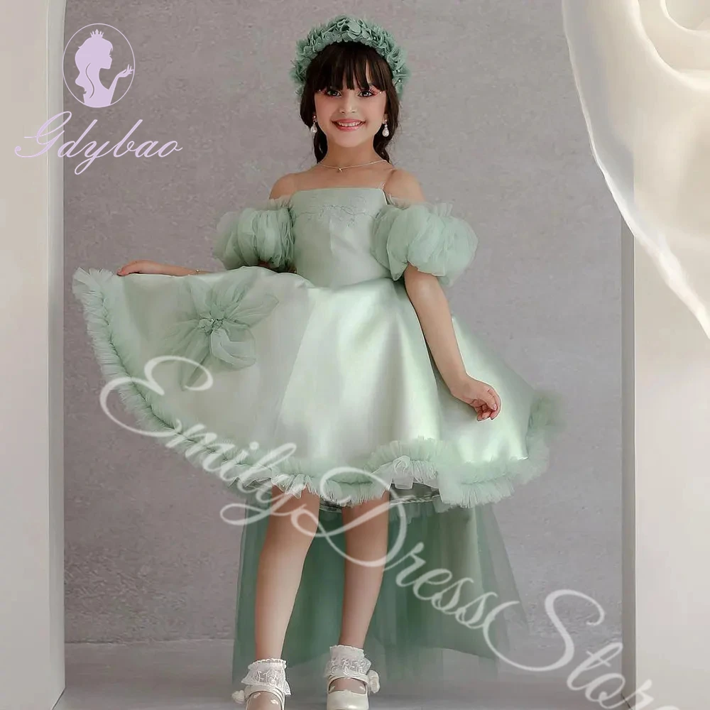 

Customized Green Satin Flower Girl Dress For Wedding Knee LengthWith Tail First Communion Kids Birthday Party Ball Gown