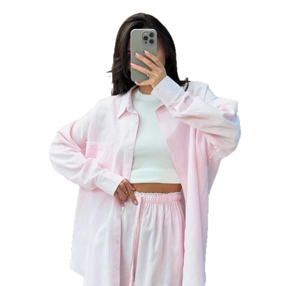 2025 الصيف تصميم الشعور المتخصصة موضة الحماية من الشمس قطعتين مجموعة المرأة عادية رقيقة فضفاضة طويلة الأكمام قميص السراويل