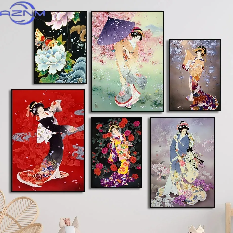 Retro Japanese Geisha Woman with Flower Canvas Painting Art Posters and Prints Wall Art Modern Picture Mural Living Room Decor