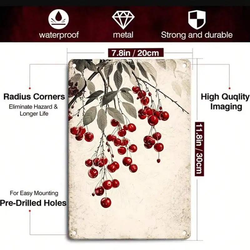 1PC Vintage Red Berry Branch Tin Sign, Rustic Winter Botanical Art, Retro Metal Plaque For Entryway & Living Room, 8x12 Inches