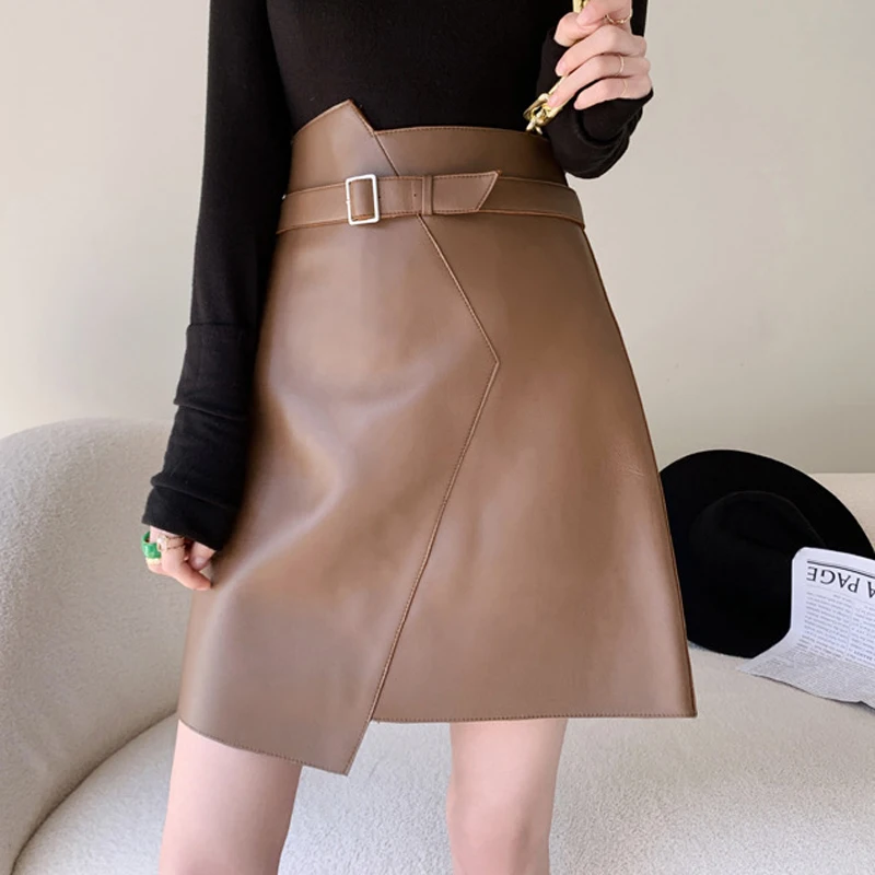 

Women Fashion Clothing 2024 Genuine Leather Sheepskin Leather Belt White Skirt Femme A-line Sexy Mini Brown/Black Micro Saias