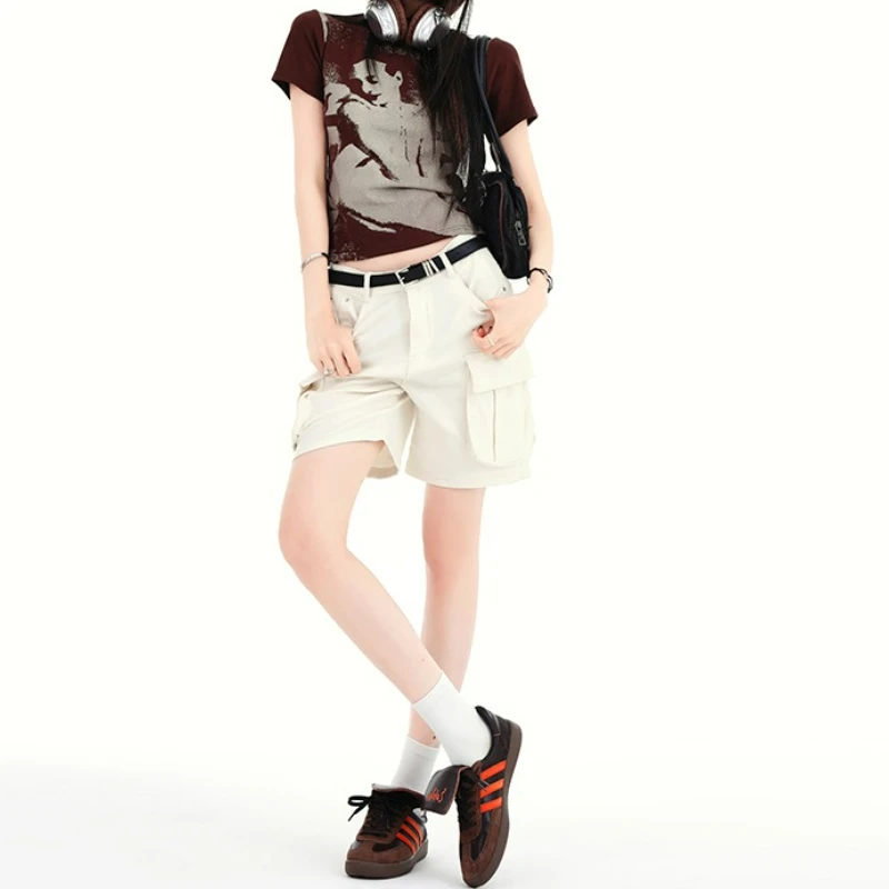 

Summer Street Style Casual Loose Women's Workwear Pant Fashion New Arrival Multi-Pocket Design Straight Leg Short Trousers Retro