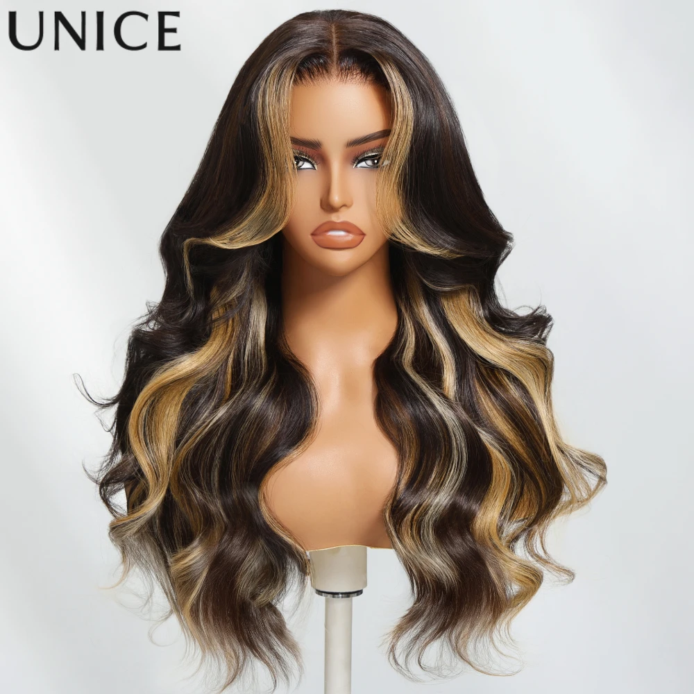 UNICE Блондинка Мелирование Коричневый Свободный Волнистый Парик С Челкой 7x5 Предварительно Срезанный Предварительно Отбеленный Бесклеевой Парик Человеческие Волосы ReadyToGo