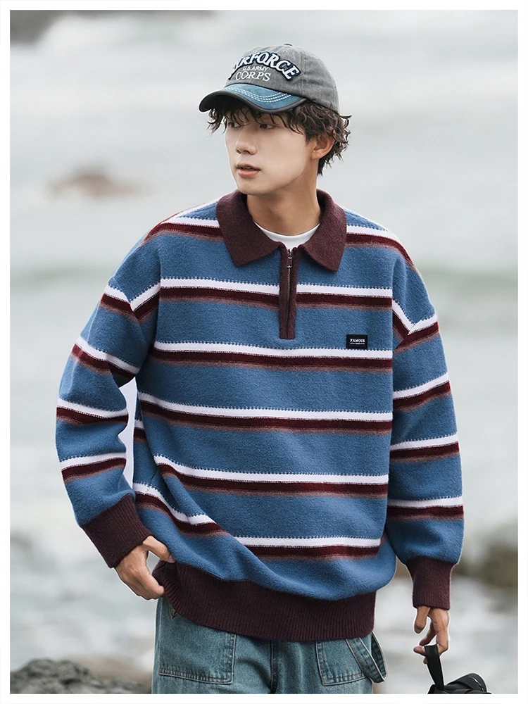 Spring and Autumn New Japanese Style Men's Blue Half-Zip Sweater Loose Casual Striped Green Navy Blue Turn-Down Collar Knitwear