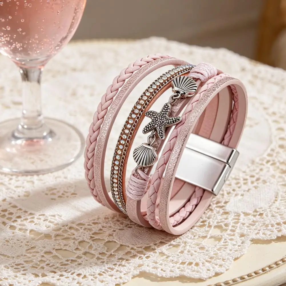 Women Braided Bracelet Multi-Layer Bohemian Faux Leather Rope Starfish Shell Decor Secure Closure Wristband Wrist Accessory