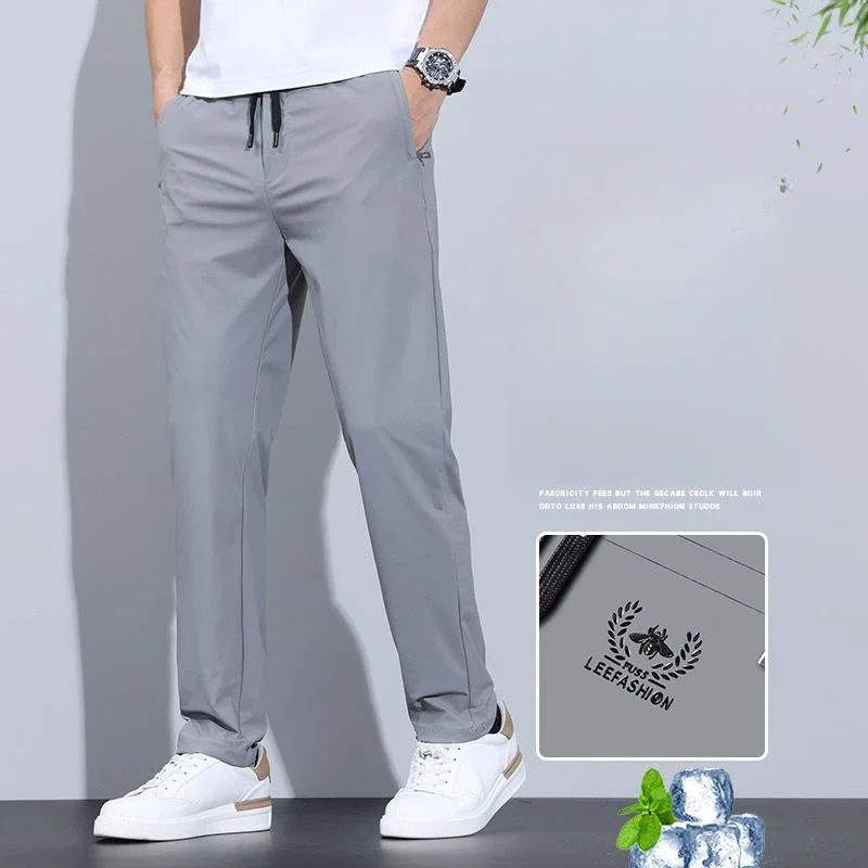 سراويل رجالية غير رسمية مستقيمة بقصة ضيقة وخصر مرن للركض كورية كلاسيكية صيفية رفيعة من الحرير الجليدي أسود ورمادي سراويل ماركة للرجال #6