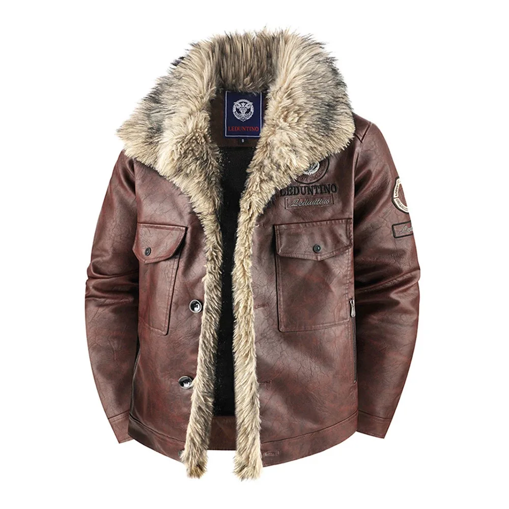 Chaqueta de aviador de invierno para hombre, cálida, con cuello de piel, de cuero sintético, gruesa, térmica, forrada de forro polar, ropa exterior de piloto.