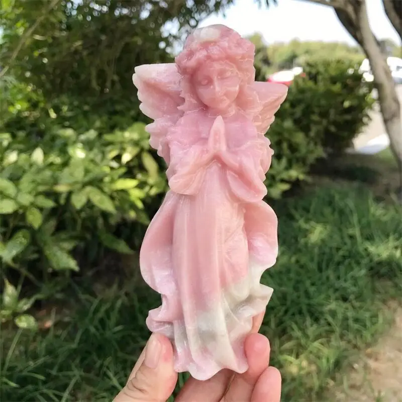 14.7CM Natural Pink Opal Angel Carving Figurine Healing Stone Craft Home Ornaments Holiday Gift 1PCS