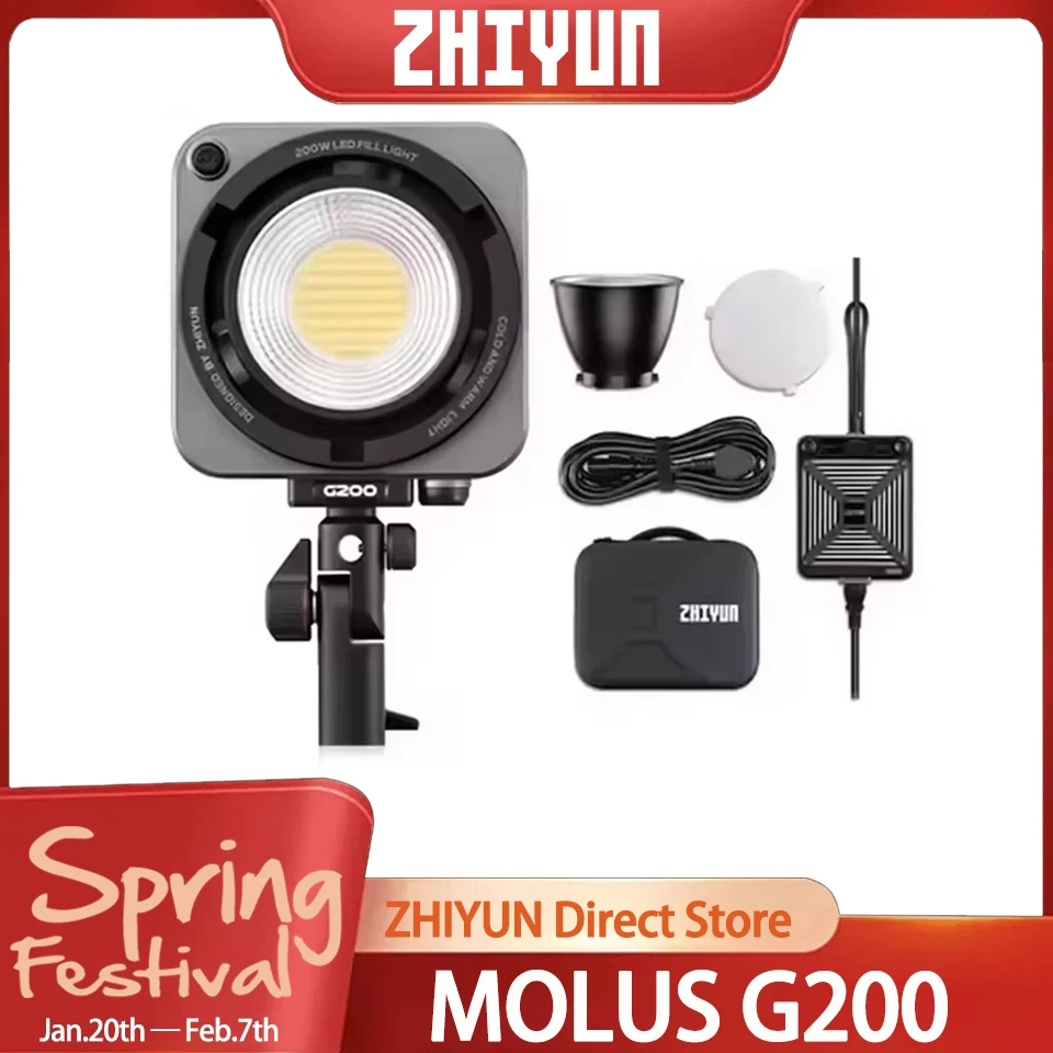 ZHIYUN MOLUS G200 Video Light 200W LED Photography Lighting Fill Light for Photos Studio Video Youtube TikTok Outdoor Shooting