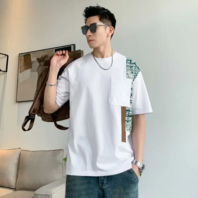 

Men's T-shirt National Style Quick-drying Splicing Loose Male Tees Shirts O Neck Funny Aesthetic Clothing Ordinary Y2k Chic Tops