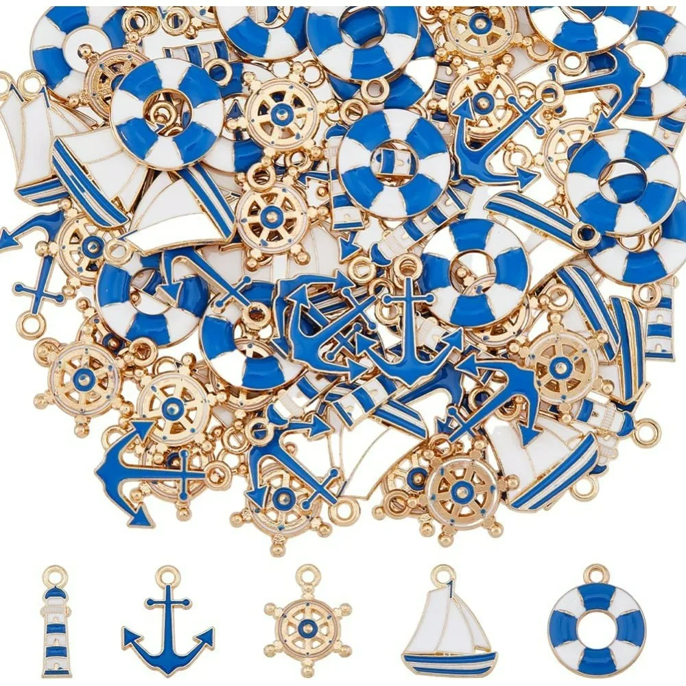 에나멜 항해 매력 컬렉션 라이트 골드 합금 펜던트, 라이프 부표, 등대 앵커 조타, 범선 매력, 블루, 5 가지 스타일, 80 개