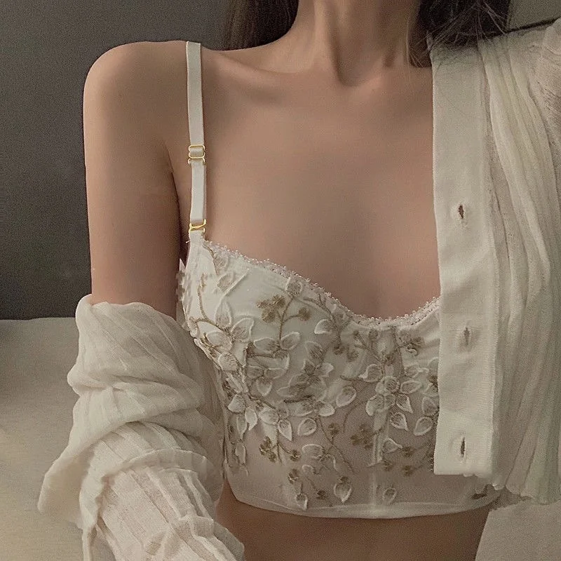 Vintage Floral Lace Corset Embroidered 3D Petal Bustier Bra Cropped Tops Female Backless Bottom Vest Corset Tops Tank Bralette