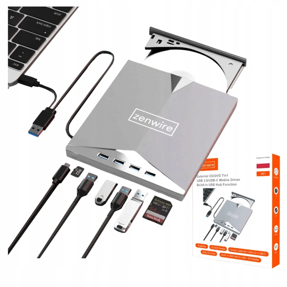 Draagbare externe DVD-speler en CD-recorder USB-C 3.0 Zenwire H61 optische drives en floppy-disk voor computer en kantooropslag