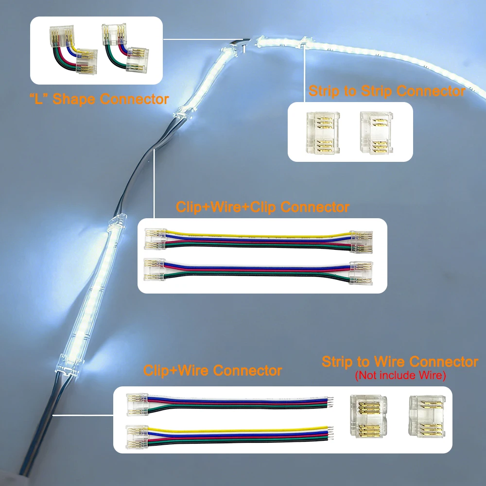 COB LED Connector Transparent Clip Quick Connection Buckle Solderless Terminal For 5Pin RGBW 6Pin RGBCCT 12mm Led Strip Light