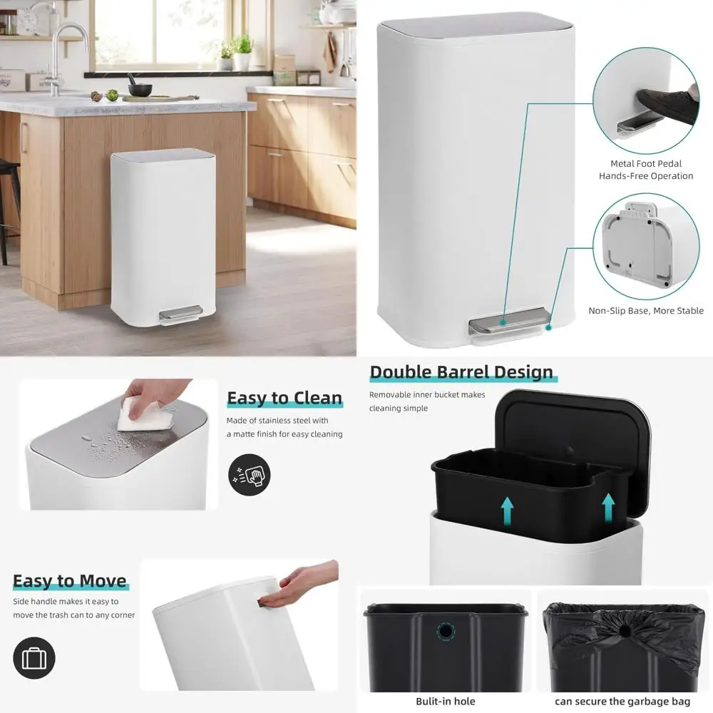 

Stainless Steel 8 Gallon Kitchen Trash Bin with Soft-Closing Lid, Foot-Activated Pedal, and Removable Lining