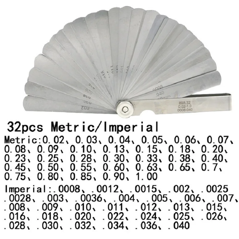 32/26/25/20 blades Feeler Gauge Metric Gap Filler 0.02-1MM / 0.0008-0.040 INCH Gage Measurment Tool for Engine Valve Adjustment