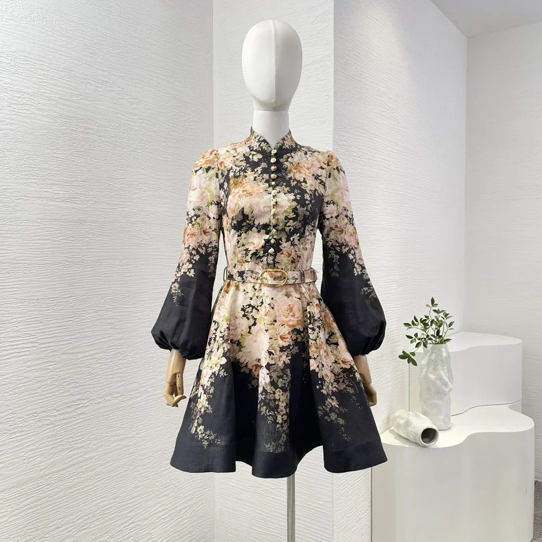 Pure Linen 2024 Black High Quality Floral Print Full Lantern Sleeve Belted Women Re-tro A -line Mini Dress