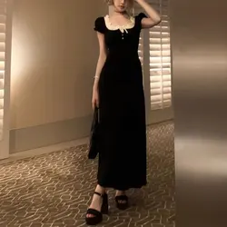 French Style Waist Bag Hip Dresses Vintage Female Clothing Elegant Square Collar Spliced Fashion Summer Short Sleeve Long Dress