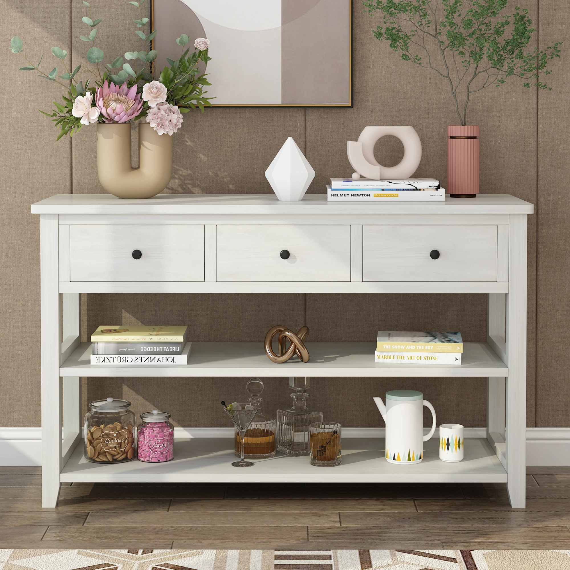 Mesa console com madeira Frame e pernas, mesa de entrada, sofá mesa, 3 gavetas, 2 prateleiras abertas, branco antigo