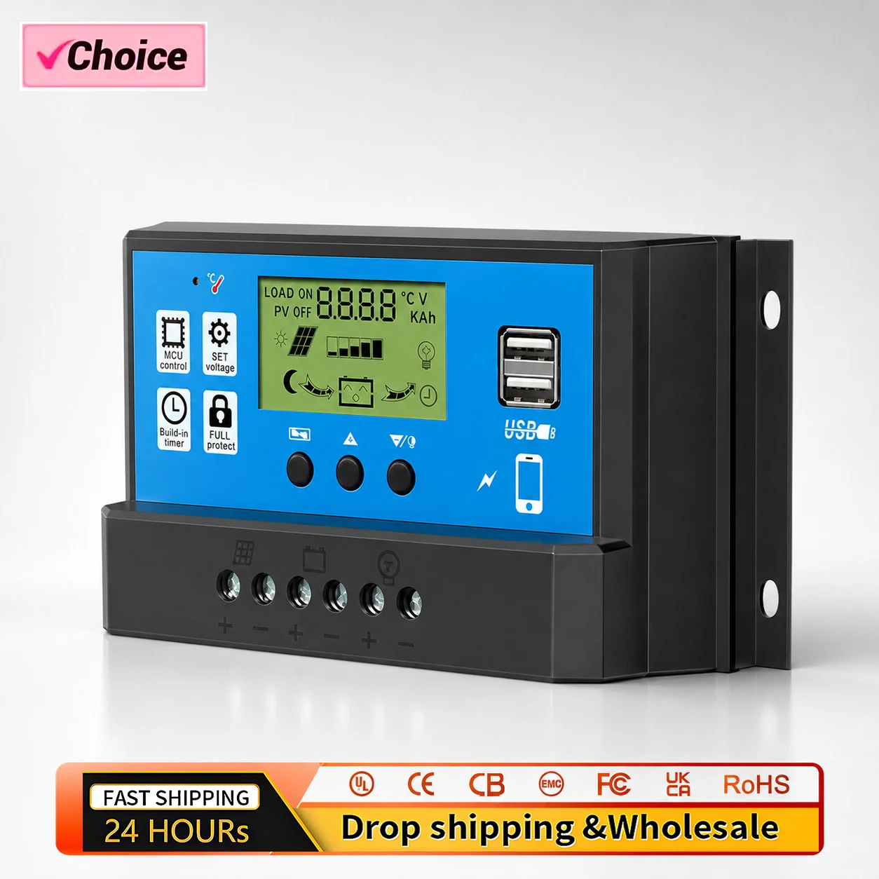 PWM Controller 100A 12V 24V Automatic Generation Discharge for Solar System 2-USB 5V Solar Panel Charging LCD Display