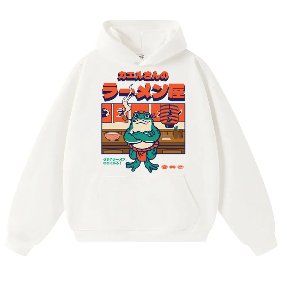 Japan Style Mr. Frog's Ramen Shop Graphic Hoodie Fashion Vintage Funny Sweatshirt Oversized Fleece Casual Long Sleeve Streetwear