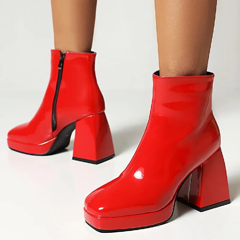 Patent Women\'s Ankle Boots Red White Black Block Heels Short Boot Female Zipper Autumn Winter Party Shoes Ladies Large Size 45