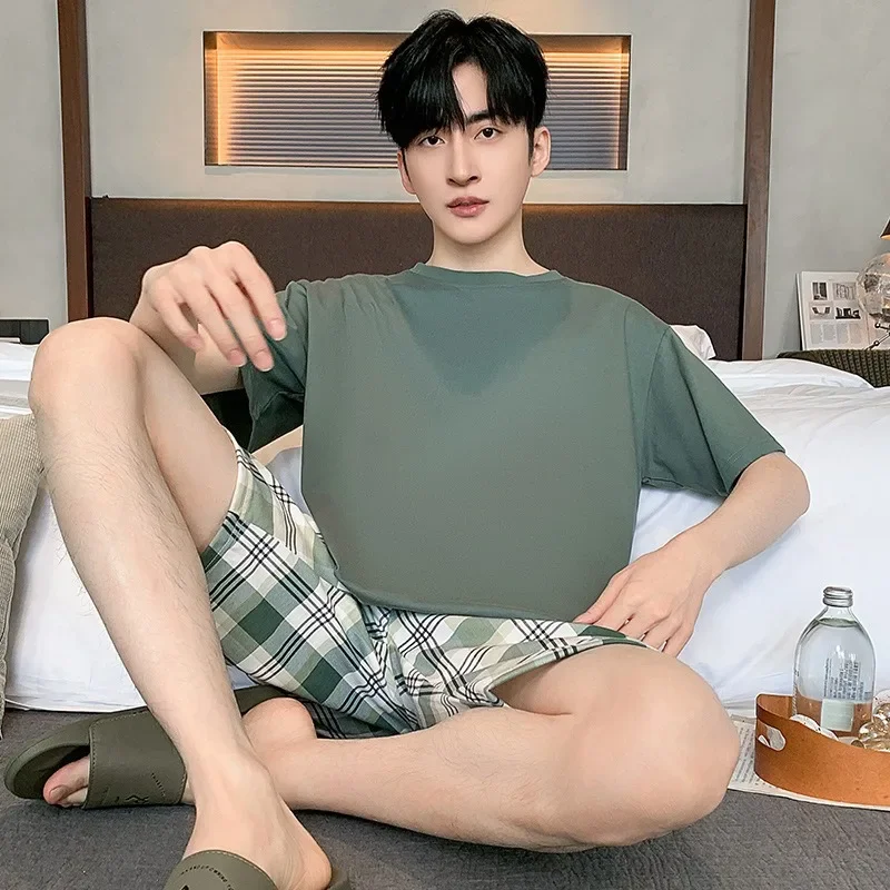 

Мужские пижамы с круглым вырезом, тонкие простые шорты с короткими рукавами, одежда для дома больших размеров, комплект из двух предметов, однотонная одежда для сна в клетку