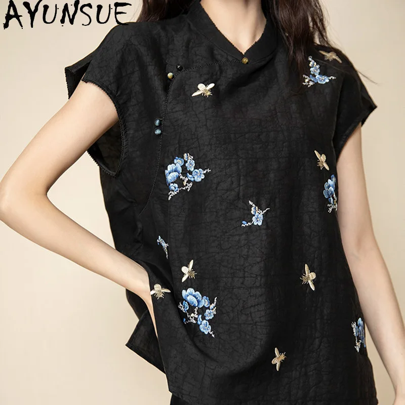 

AYUNSUE Xiangyunsha Silk Tops for Woman Chinese Style Slanted Blouses Short Sleeve Woman T Shirts Woman Clothes Summer Одежда