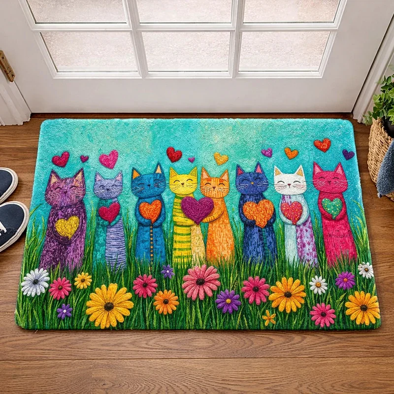 1pc, 2pcs, 3pcs Cute Cartoon Cat Heart-Shaped Mat, Flannel Non-Slip Rubber Backed Rug, Durable Machine Washable, Universal for Living Room Bedroom Office