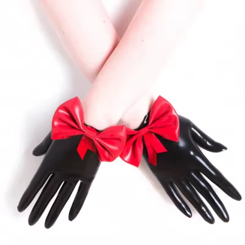 Natural Latex Short Gloves Sexy Gloss Bowknot Lolita Princess Cosplay Full Finger Gloves Fetish Cross-dressing BF Party Cos