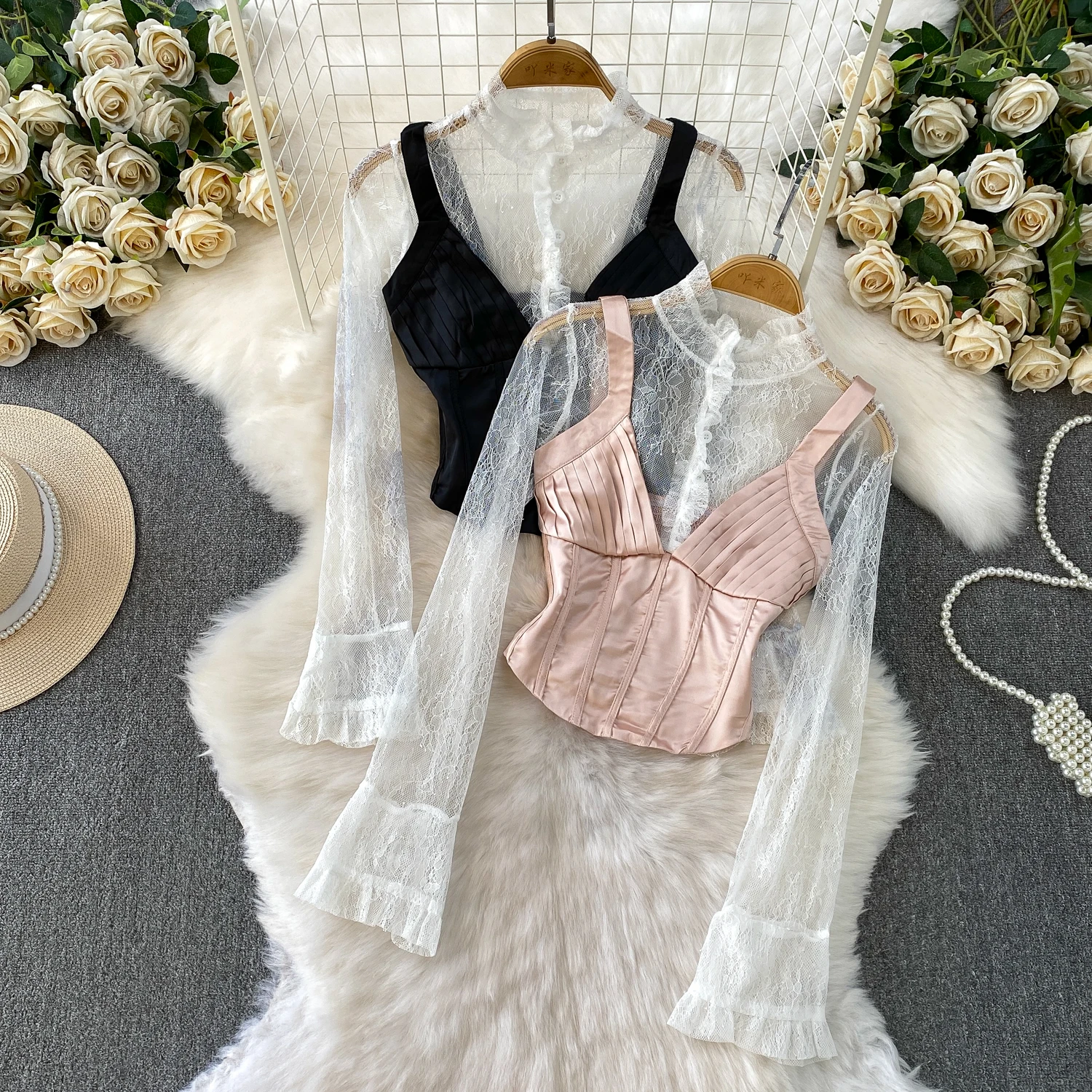 

Lady 2pcs Sets Female Lace Shirts Satin Silky Fishbone Camis Tops Suit Princess Sweet Birthday Tops Women Winter Festival Blouse