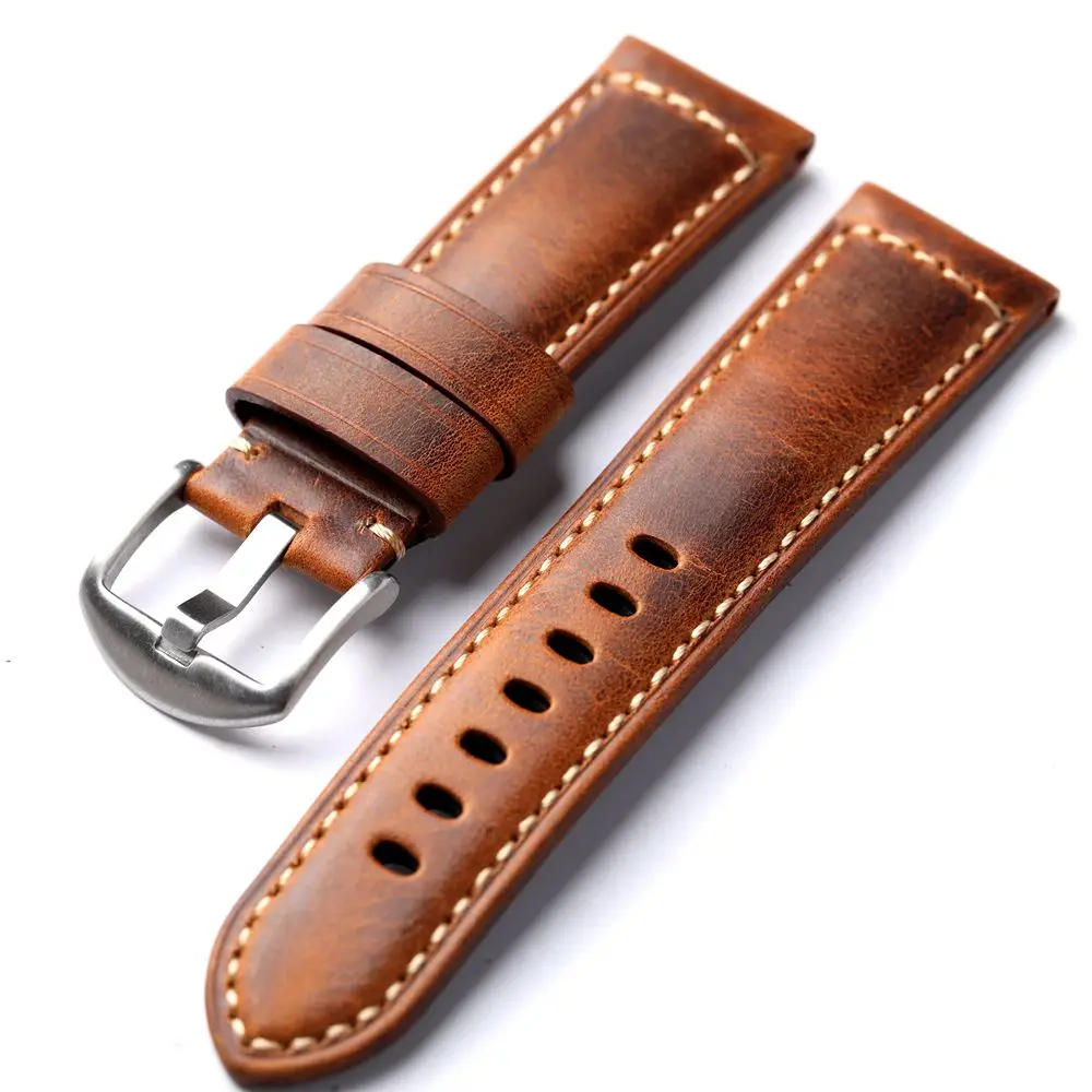 Handmade Head Layer Cowhide Leather Strap Tan Vintage Men Watch Bracelet 20 22 24MM Soft Thickened Bronze Buckle Bracelet