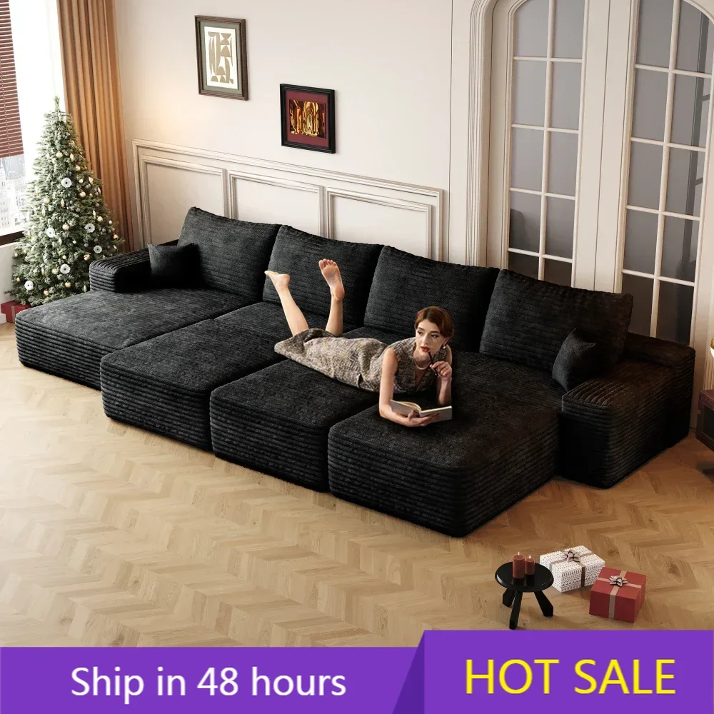 

135" Corduroy Couch Sectional with Chaise,6 seats L Shape Boneless Living Room Bedroom, Fluffy Deep Seat Compression Sofa