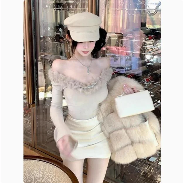 تي شيرت Pure Desire Spicy Girl من الفرو الصناعي على الكتف تي شيرت نسائي للخريف والشتاء بقصة ضيقة ملابس داخلية قاعدة علوية V-Ne Long Sve ort... #4