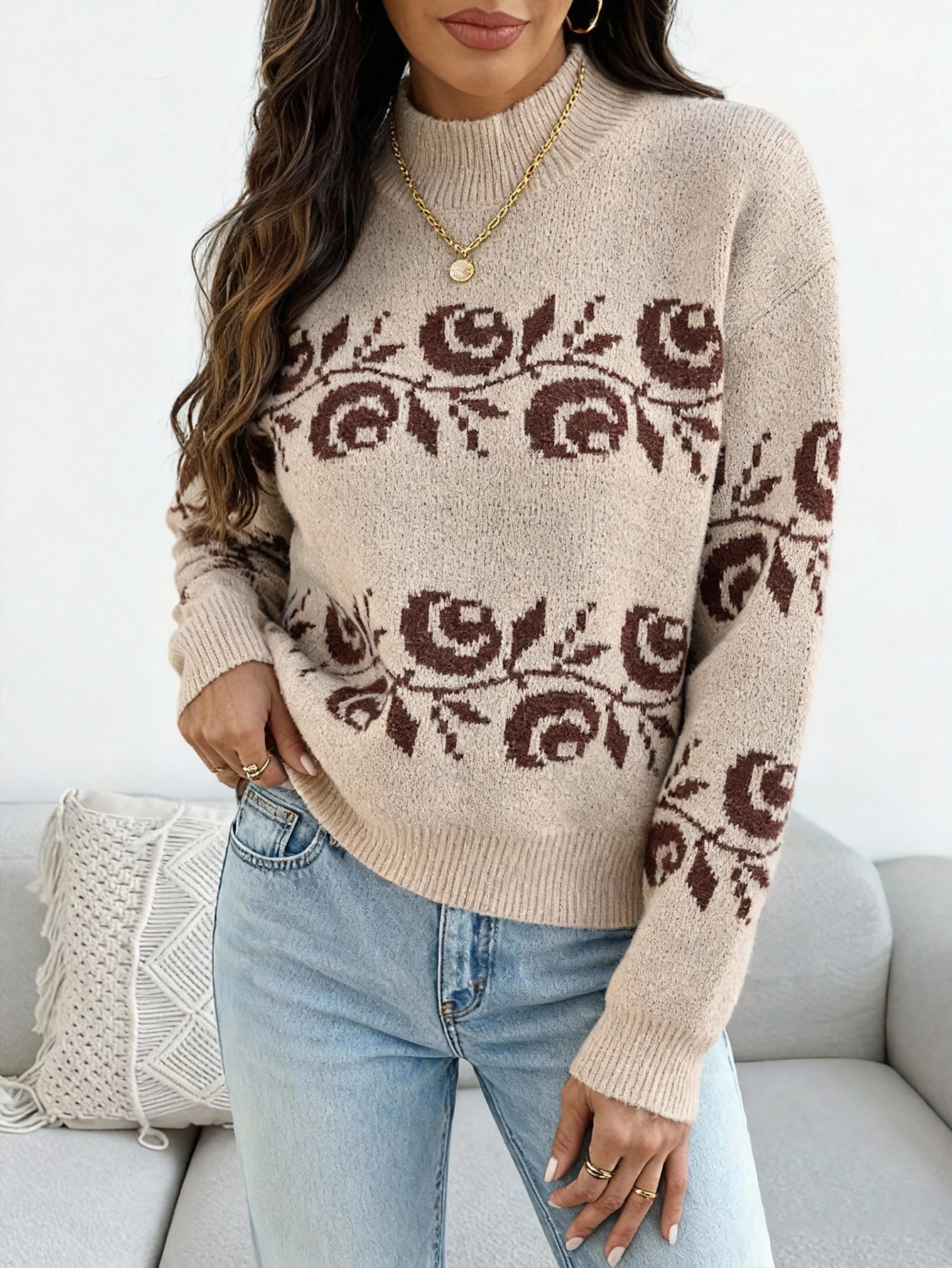 

Autumn and Winter New Niche Knit Cardigan for Women, Designed with a Lazy Style, Sweater Top, Khaki Jacquard Pattern, Loose Round Neck Design, Pullover, Casual and Elegant Autumn and Winter Top, Basic Versatile Style for Urban Commuting, Stylish and Casua
