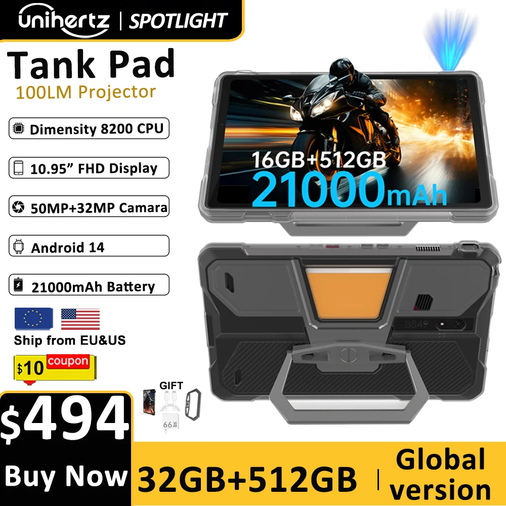 Unihertz Tank PAD 8849 Rugged Projector Tablet Android 32GB 512GB 21000mAh 10.95
