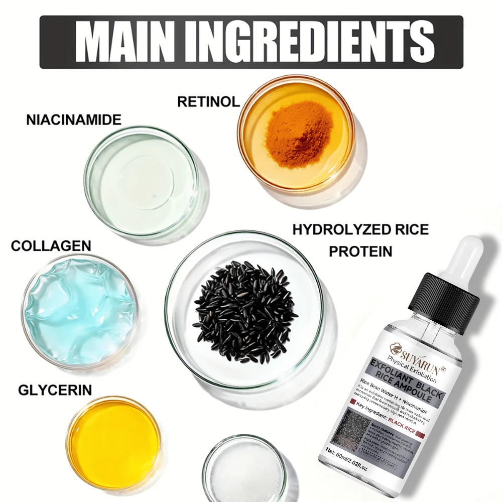 سيروم تقشير الأرز الأسود من SUYARUN للوجه - جوهر تقشير وتفتيح لطيف، تنظيف عميق، تركيبة نباتية لجميع أنواع البشرة.
