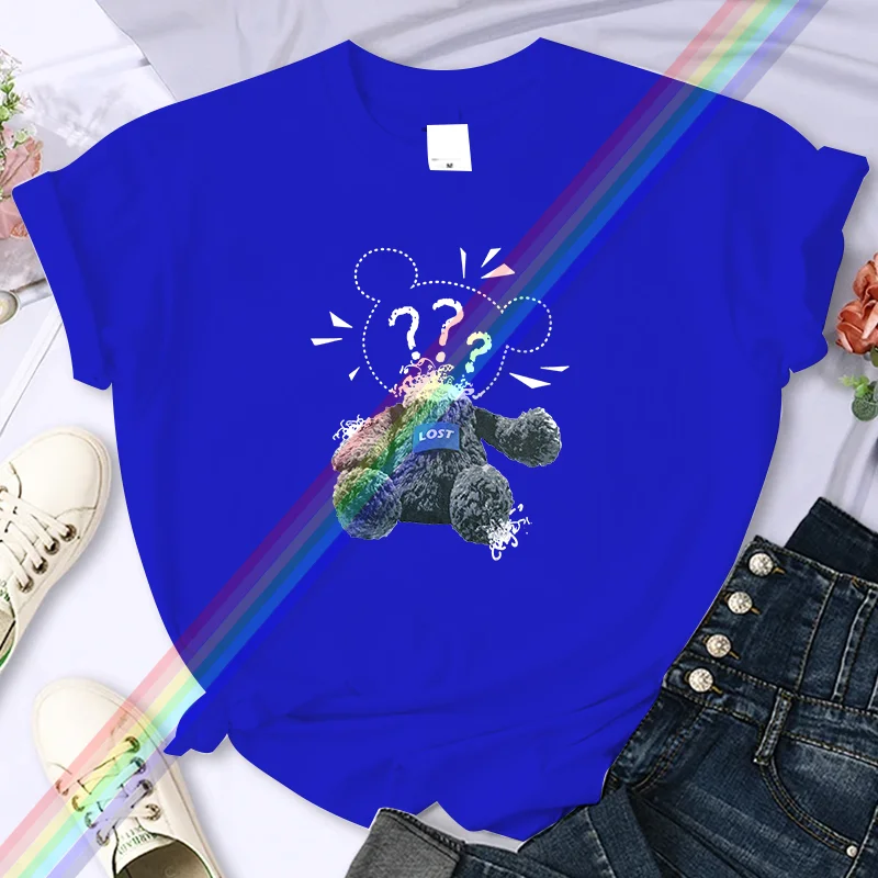 Camiseta de lujo con estampado de oso y letras para mujer, camiseta de verano de alta calidad, 100% algodón, informal, de gran tamaño, Y2k, manga con personalidad, cuello redondo