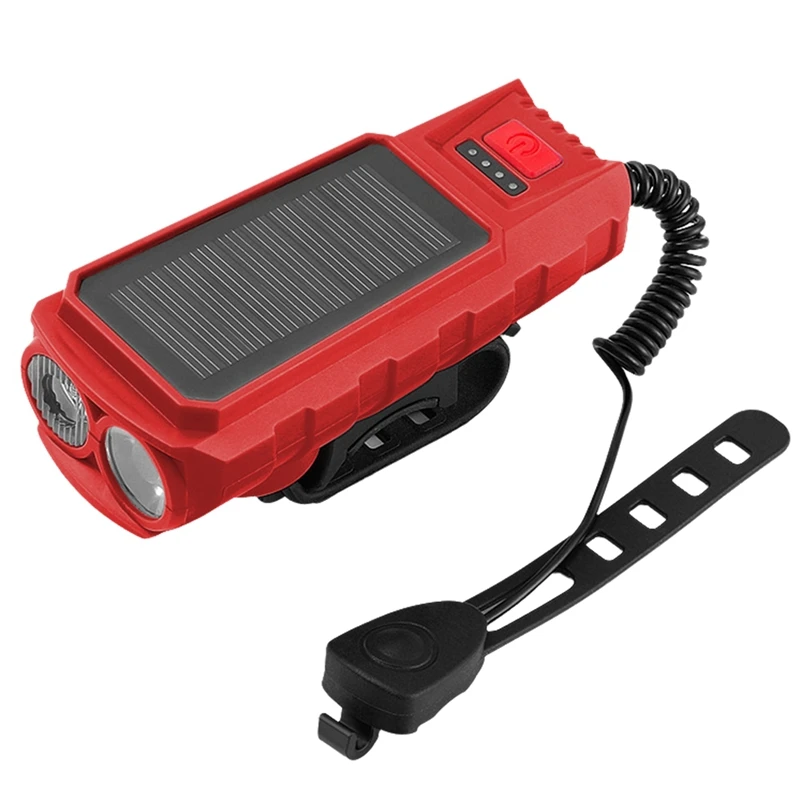 Bike Horn Headlight 400LM Solar/USB Dual Charging Bike Horn Light Waterproof Bike Horn Light For Night Cycling Red