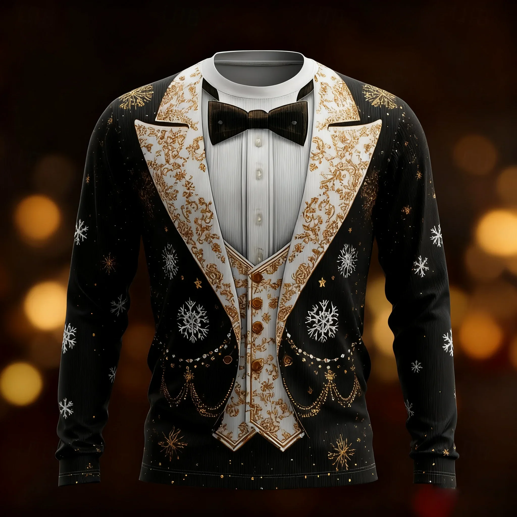 Men Christmas Long Sleeve T-shirt Polyester 3D Print Fake Tuxedo Gold Snowflake Pattern Bow Tie Xmas Party Ugly Christmas Tops