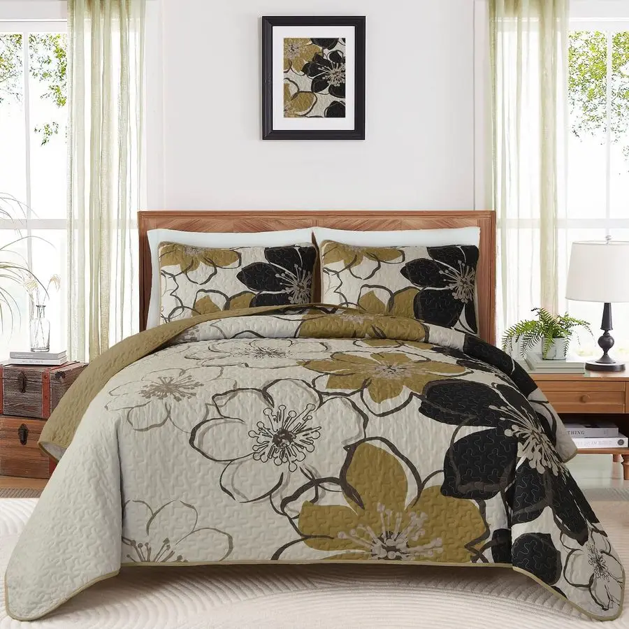 

Комплект постельного белья с цветочным узором, размер King, 3 предмета: черное покрывало с цветочным принтом и 2 наволочки, легкий, мягкий, из микрофибры, двусторонний, в стиле бохо